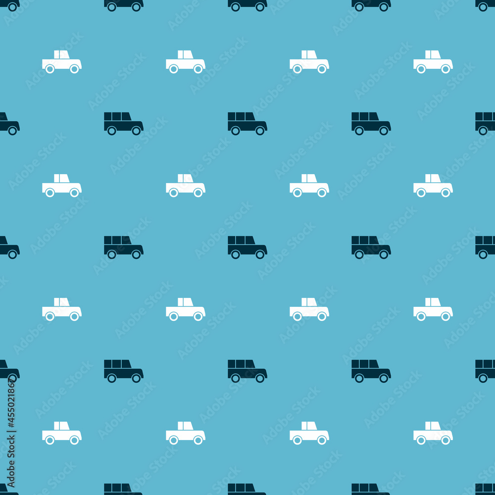 Poster set car and on seamless pattern. vector