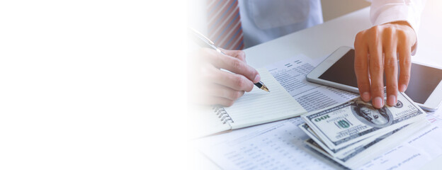 Businessman with cash dollars - business concept ,tablet and finance ,investment ,save