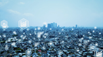 現代都市の空撮とネットワークイメージ © metamorworks