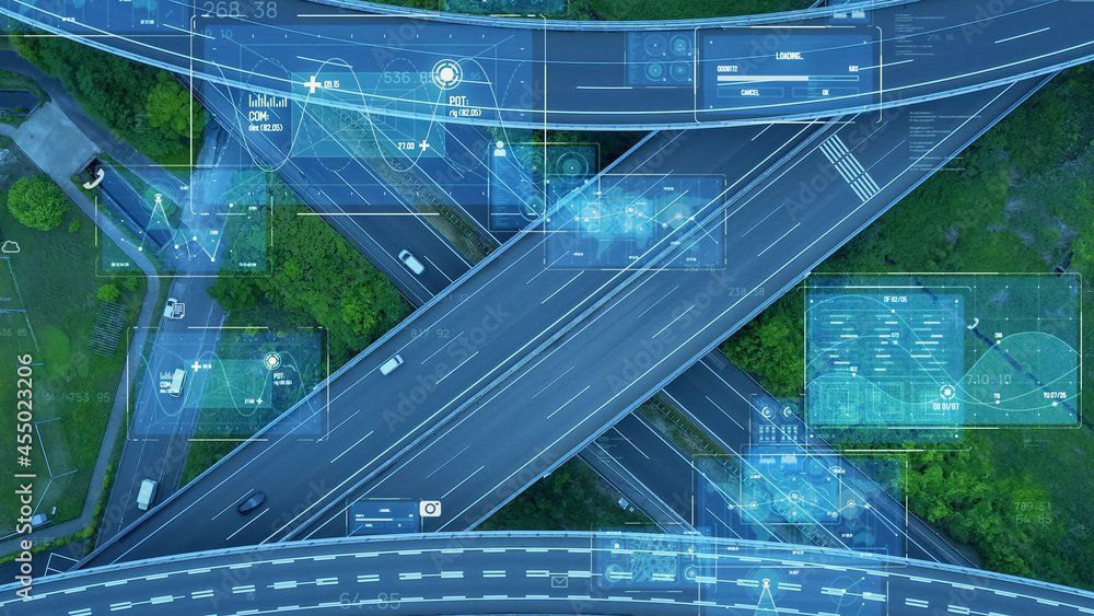 Poster 高速道路を走る自動車と情報技術イメージ　its　ict