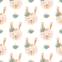 Seamless pattern with cute rabbit and bouquet blue flowers. Background with wild animals in flat style. Illustration for kids. Design for wallpaper, fabric, textiles, wrapping paper. Vector