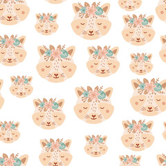 Seamless pattern with cute raccoon and bouquet pink and blue flowers. Background with wild animals in flat style. Illustration for kids. Design for wallpaper, fabric, textiles, wrapping paper. Vector