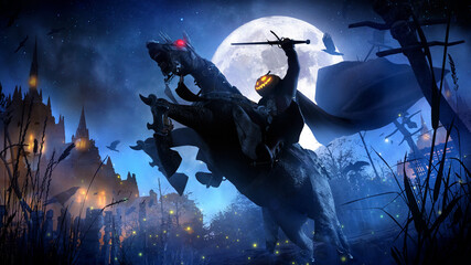 A mad rider with a pumpkin head, standing on the rears of a horse with red eyes, he swings a sword, against the background of a huge moon and beautiful landscapes of swamps and castles, 3d rendering