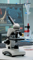 Scientific microscope on laboratory desk with researching instruments at professional workplace....