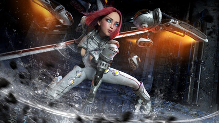 A beautiful cyborg girl with glowing eyes resolutely look ahead, in the heat of battle in the middle of wet ruins, preparing to make a jet attack with her huge sword, she has jet wings 3d rendering © warmtail