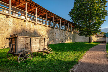 View of the battle course of the fortress wall of the Izborsk fortress (XIV-XVII centuries) and an...