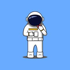 Astronaut eating donut and coffee flat vector cartoon illustration