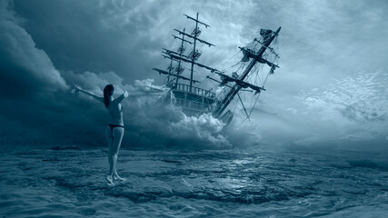 Happy slim girl in red and black bikini with raised up arms on the seashore - An old sailing ship in the mist sails towards the rocks - Sailing old ship in a storm sea in the background stormy clouds © muratart