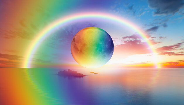 Full glass moon (or crystal ball moon) rising over empty sea with double sided rainbow at amazing sunset - Powered by Adobe