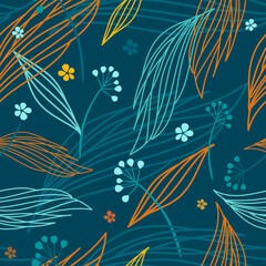Fototapeta na wymiar Autumn leaf seamless pattern. Vector illustration, pattern, background for textiles, wrapping paper, fabric. Orange, yellow, blue leaves and berries on a green background. Autumn pattern with plants.
