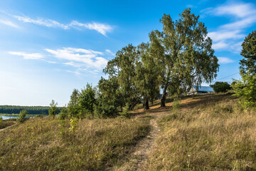 Landscape with a small village on the shore of a lake on a sunny day.