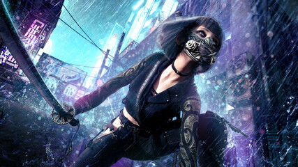 A beautiful ninja girl in the cyberpunk style, boldly looks forward, a demonic Japanese mask is on her face, she is in the rain on a rebar in an epic pose with a katana ready 3d rendering - 455027253