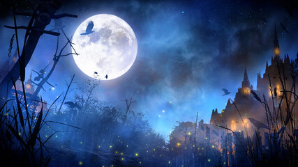 A mystical fairy-tale landscape of a night sinister kingdom with a huge moon, a blue night starry sky, a swamp in the foreground and large castles with glowing windows in the second. 2d illustration. - obrazy, fototapety, plakaty