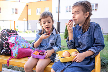 Little school girls sitting on bench in school yard and eating from lunch boxes.