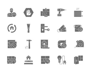 Set of Home Renovation Grey Icons. Repairman, Architectural Project, Drilling Machine, Radiator, Putty Knife, Paint Bucket, House Plan, Plumbing and more.