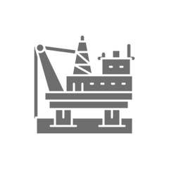 Oil platform in sea, fuel rig, pumping station grey icon.