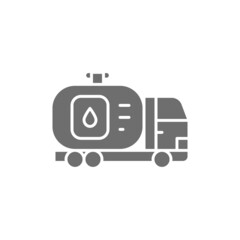 Fuel truck, car with oil tank, water transfer, transportation grey icon.