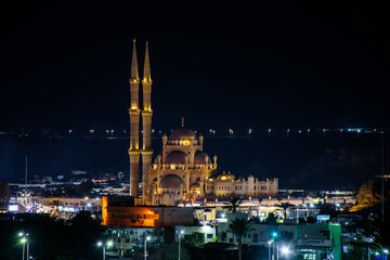 Al-Sahaba Mosque against the background of the night sky in Sharm El Sheikh