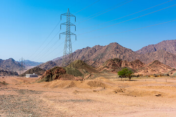 High voltage line among the mountains of the Sinai Peninsula in Egypt