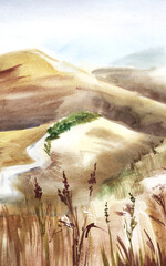 Abstract watercolor landscape. Dried wild grasses against backdrop of distant sun-dried mountains and hills road stretching into the distance. Painting in autumn ocher colors. Hand drawn illustration