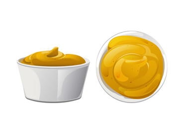 Mustard portion in the bowl. Dijon honey sauce cream. Vector design in cartoon style for food branding.