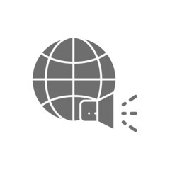 World with megaphone, social media, news grey icon.