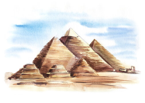 Abstract original hand drawn watercolor landscape. Six grate Egyptian pyramids in the desert against the blue sky. Hand-drawn textured paper illustration isolated on white background
