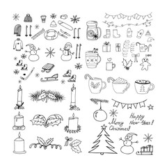 christmas set hand drawn doodle. vector, minimalism. winter collection, candles, decor, snowman, hot drink, clothes, sticker, icon.