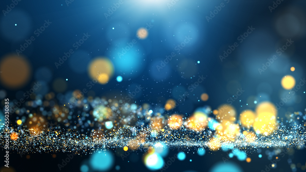 Poster abstract dark blue yellow digital particle wave and light background ,animation cyber or technology 