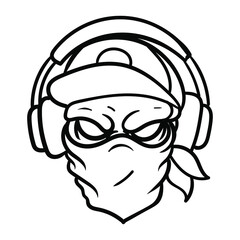 A skull in a cap and a bandana is listening to music. Music in headphones. Sticker, logo or sign. Vector illustration isolated on white background. EPS 10.