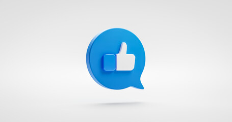 Blue like icon thumbs up social sign or notification button symbol graphic design element isolated on white favorite share background with speech bubble followers concept. 3D rendering.