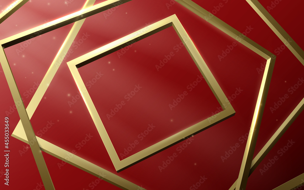 Poster Abstract gold square shaped frames overlap on a red background. Luxury background. Vector illustration