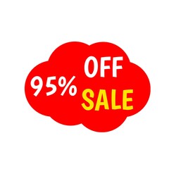 95 percentage off sale tag red clouds for sales and promotion isolated 3d. Discount sticker yellow and white. Business Advertising