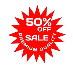 Special 50 percentage off sale premium quality tag red star for sales and promotion isolated 3d. Discount icon or sticke white letters. Business Advertising