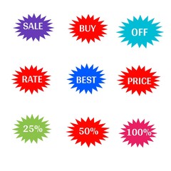 Sale discount percent set of stickers label various color web icon of brand and product promotion star