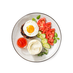 Juicy Chopped  steak with fried egg, mashed potatoes and tomato slices. isolated on white background, top view