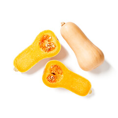 Raw ripe sliced butternut squash isolated on white background , top view.