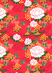 赤背景の白い椿と黄色い小花の和柄パターン