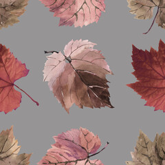 Autumn grape leaves watercolor isolated on grey background seamless pattern for all prints.