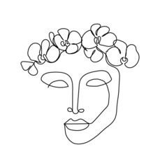 Female face with wreath of orchids continuous line drawing. One line art of womans silhouette abstraction with exotic plants.