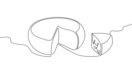 Swiss hard cheese head and piece continuous line drawing set. One line art of dairy produce, milk products, food, hard cheese, piece. © sahs94