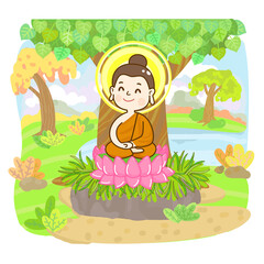 Cartoon buddha character  on background.