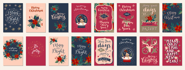Merry Christmas and Happy New Year vintage hand drawn greeting cards, gift tags, postcards, posters. Calligraphic typography artwork illustration