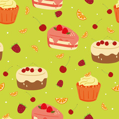 Seamless pattern with cute cartoon sweets and dessert for fabric print, textile, gift wrapping paper. colorful vector for textile, flat style