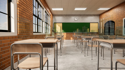 New normal classroom and spacing of tables and chairs to prevent the spread of coronavirus (COVID-19). IEmpty classroom for teach and learn. 3d rendering Interior.