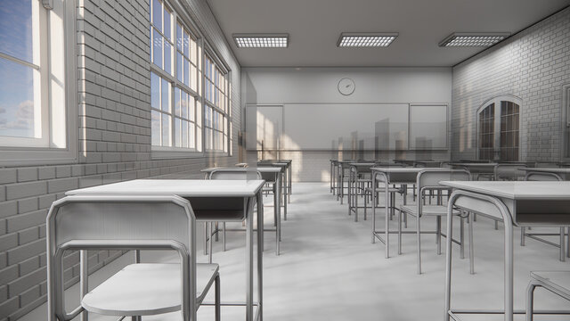 New normal classroom and spacing of tables and chairs to prevent the spread of coronavirus (COVID-19). IEmpty classroom for teach and learn. 3d rendering Interior.
