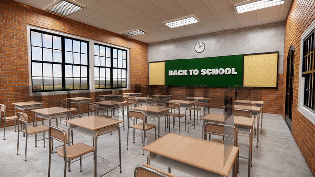 New normal classroom and spacing of tables and chairs to prevent the spread of coronavirus (COVID-19). IEmpty classroom for teach and learn. 3d rendering Interior.