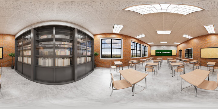New normal classroom and spacing of tables and chairs to prevent the spread of coronavirus (COVID-19). IEmpty classroom for teach and learn. 3d rendering Interior.3d illustration 360 vr degree