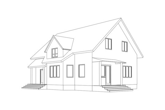 3D suburban house model. Drawing of the modern building. Cottage project on white background. Vector blueprint.