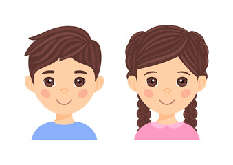 Cute Brunette Boy and Beautiful Little Girl with Pigtails. Portrait of Children. Kids are Smiling. Avatar for Preschoolers, Schoolchildren. Color Cartoon Fashion style. White background. Vector image